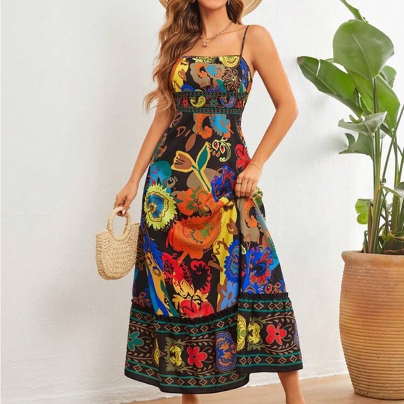 Boho Floral Print Cottage Cami Dress Black - Picture 3 of 5